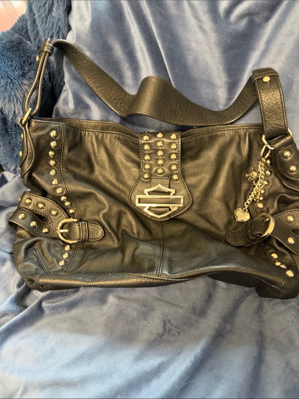 Harley-Davidson Black Leather Studded Shoulder Bag with Charm
